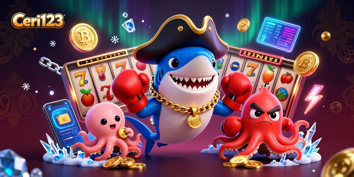 Ceri123 offers exciting slots with a pirate shark and friends winning big, surrounded by gold coins and jackpots.