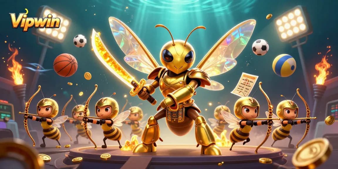 Engage with exciting gameplay at Vipwin featuring a vibrant 3D illustration of a golden hornet and bee archers amidst dynamic sports betting elements.