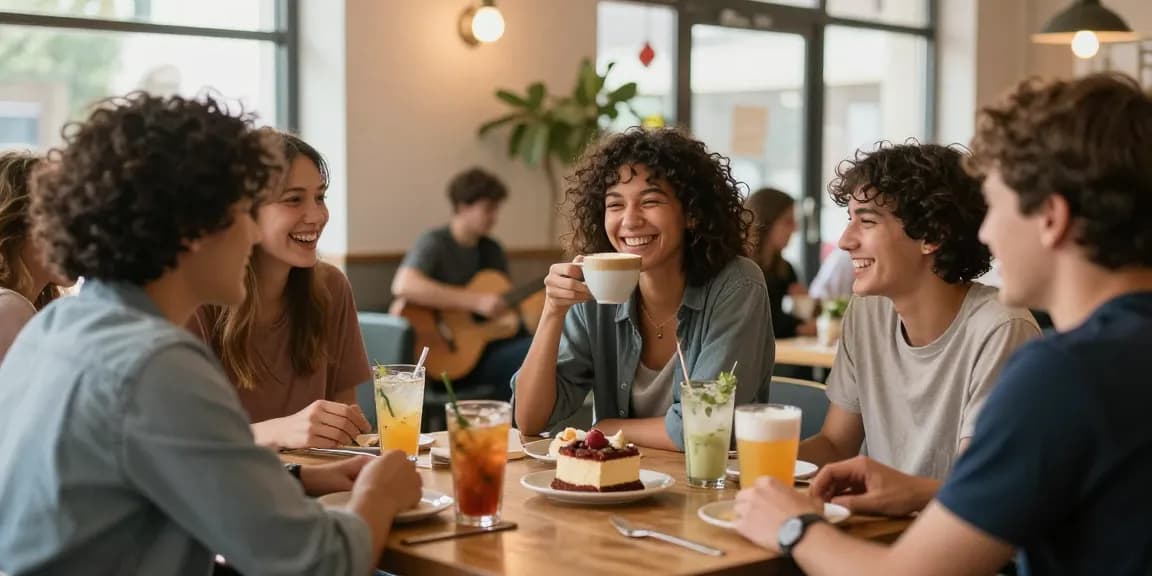 A warm café scene capturing a moment where friends share stories, highlighting a crush on someone's interest.