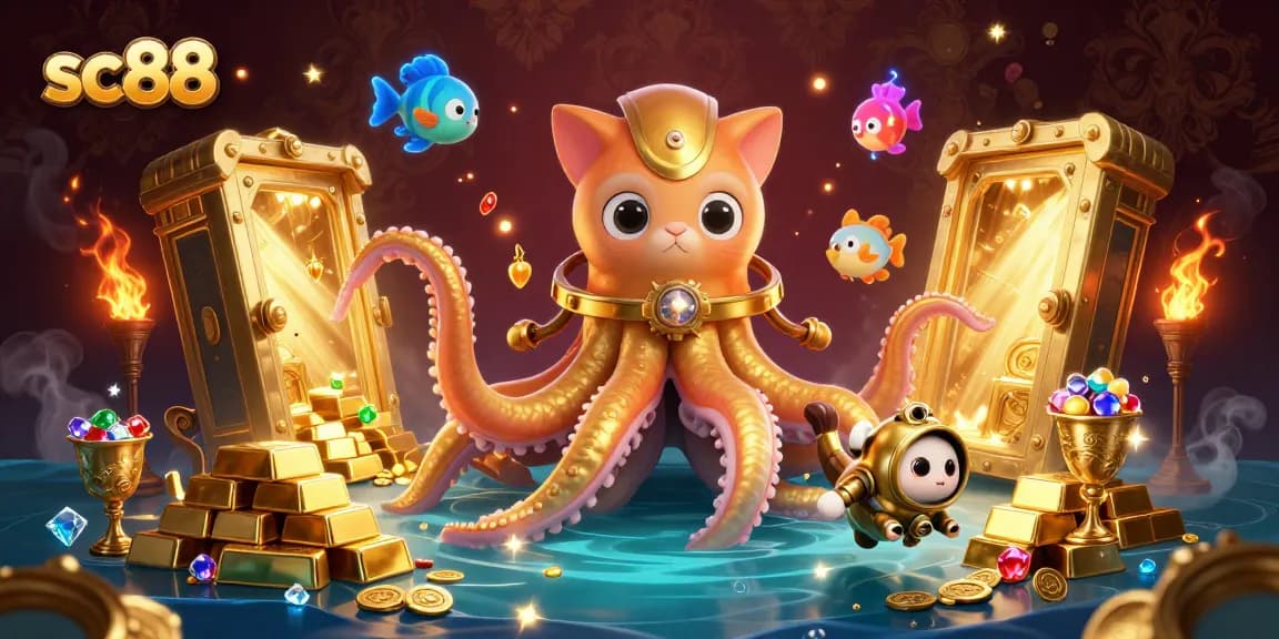 sc88 themed vibrant casino scene featuring a colossal kraken and diving cat with treasures