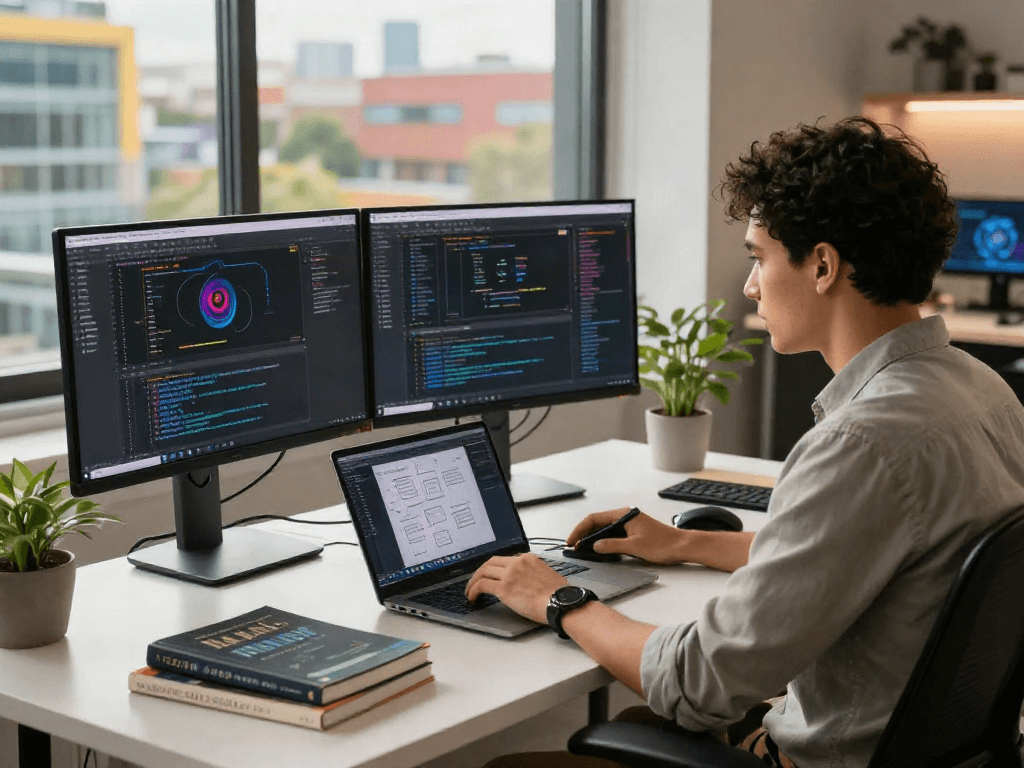 Explore crushon ai in an innovative tech workspace highlighting coding and AI development.