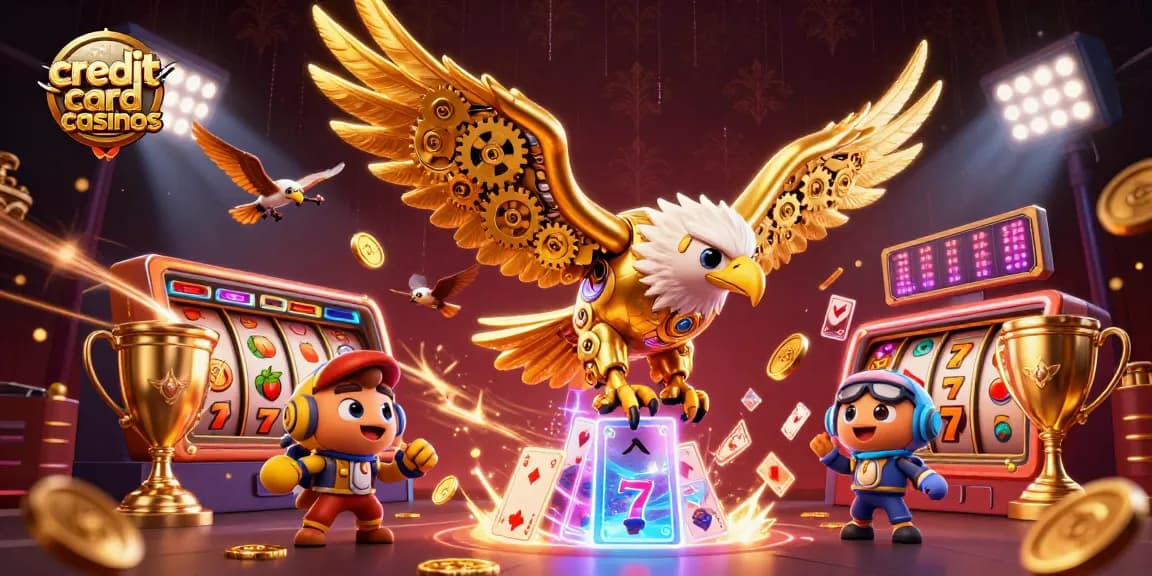 Experience the excitement of credit card casinos with a thrilling scene of a diving eagle amid vibrant casino elements.