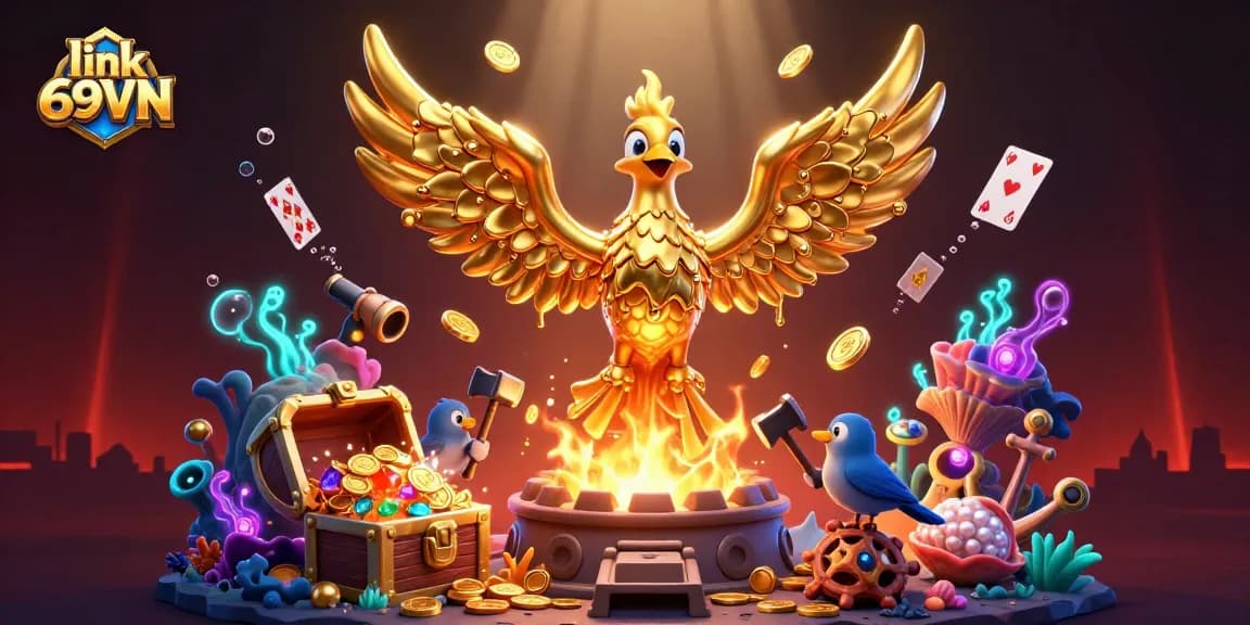 Engage with link 69VN in a vibrant 3D casino scene featuring a molten gold phoenix and treasure elements.