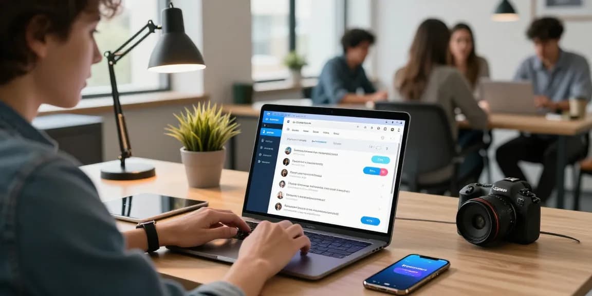 Engaged user utilizing the Telegram Web Version on a laptop in a collaborative workspace.