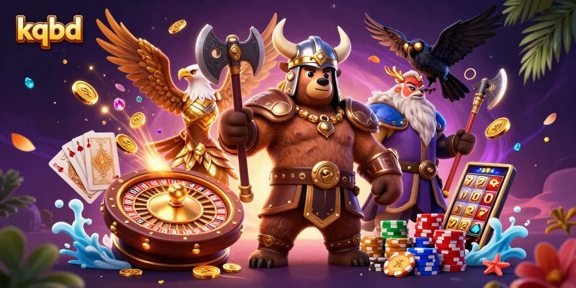 Engage with kqbd as glowing runic ravens and a Viking berserker bear stir excitement in a casino-themed illustration.