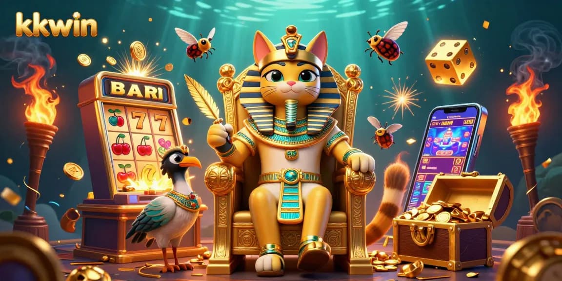 Experience the thrill of kkwin with a vibrant 3D casino scene featuring pharaoh cat and slot machines.