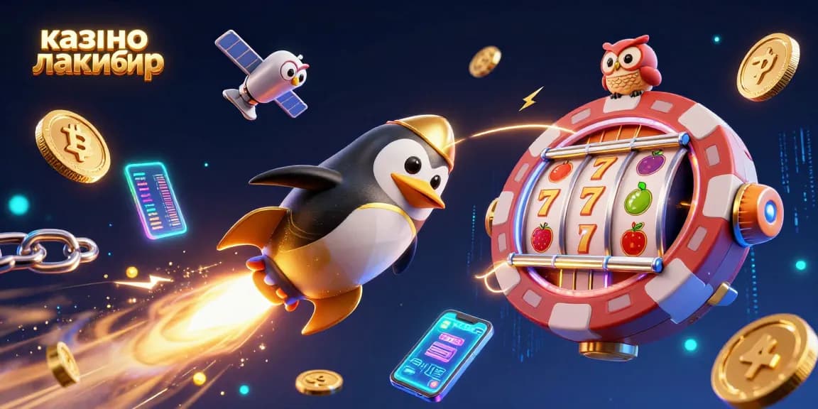 Experience the thrill of казино лакибир with a golden penguin, vibrant coins, and immersive casino scenes.