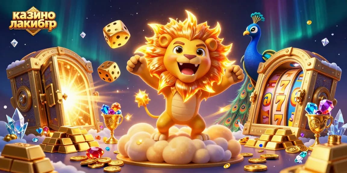 Play thrilling games at казино лакибир with a dynamic illustration of characters surrounded by casino elements.