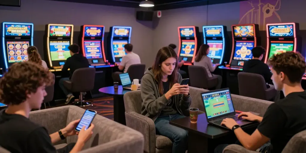 Players enjoying rokok88 alternatif on devices in a vibrant entertainment lounge