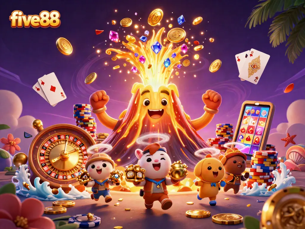 Experience thrilling gameplay with five88, featuring vibrant casino characters, dynamic gold coins, and winning elements.
