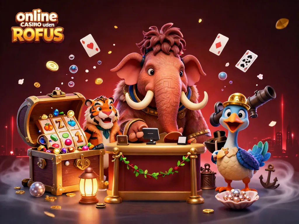 Experience online casino uden ROFUS with a whimsical 3D illustration of a mammoth bouncer and a saber-tooth tiger guest.