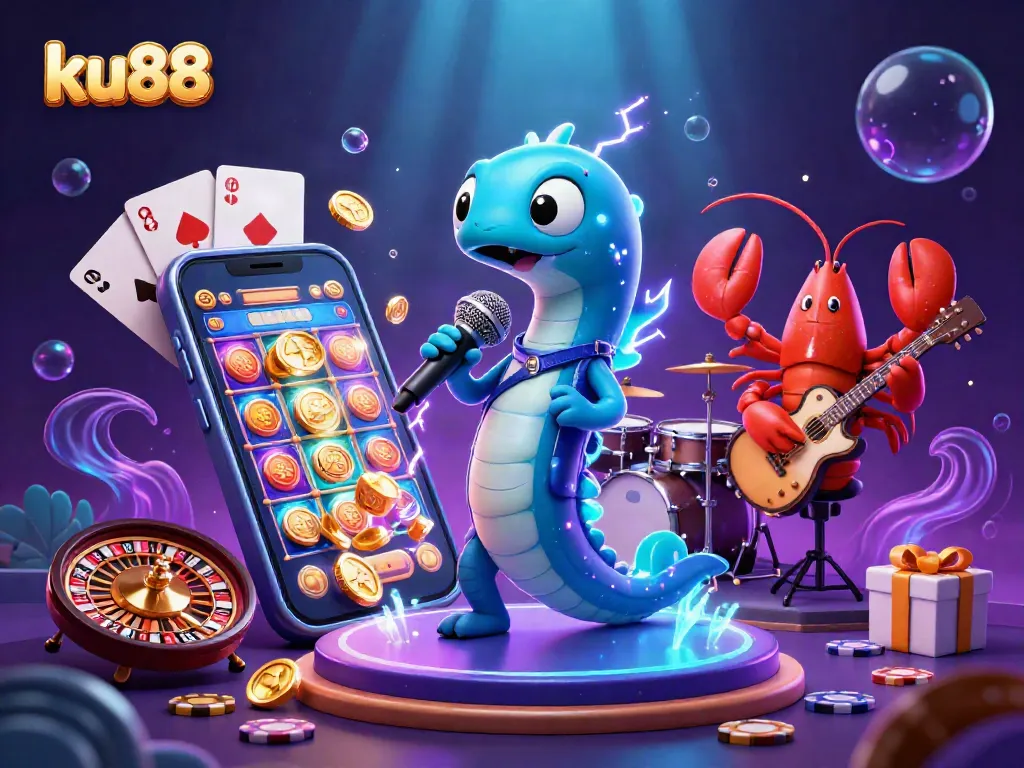 ku88 illustrates exciting underwater gaming with an electric eel DJ and vibrant casino elements