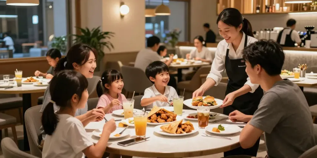Family dining at ROKOK88 with menus featuring delicious meals and happy atmosphere.