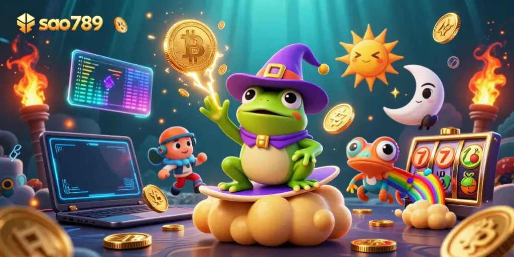 Experience thrilling casino action with sao789 in a vibrant 3D scene featuring characters and crypto elements.