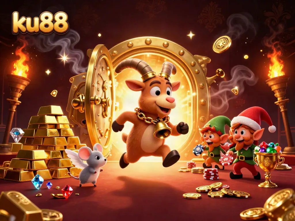 ku88 players enjoy a vibrant holiday-horror casino scene with Krampus, a mouse, and mischievous gremlins.