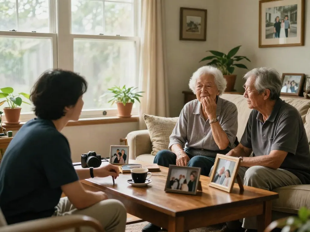 Family bonding moment showcasing rokok88 commitment to honoring parents in a warm living room.