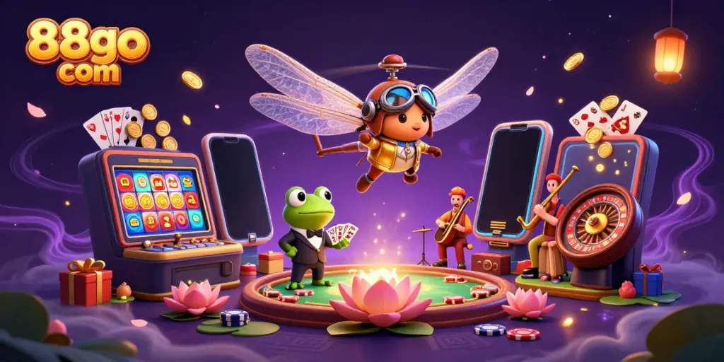 Engage with the 88go com experience through vibrant casino activities featuring dragonfly pilots and frog croupiers.