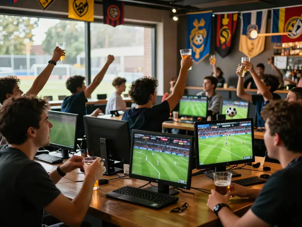 Excited football fans enjoying bóng đá Cakhiatv in a lively sports bar.