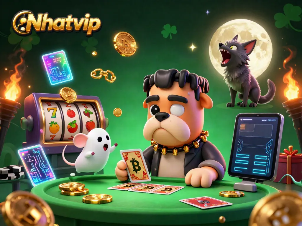 Nhatvip casino illustration featuring a cartoon Frankenstein bulldog dealing cards with glowing crypto elements.