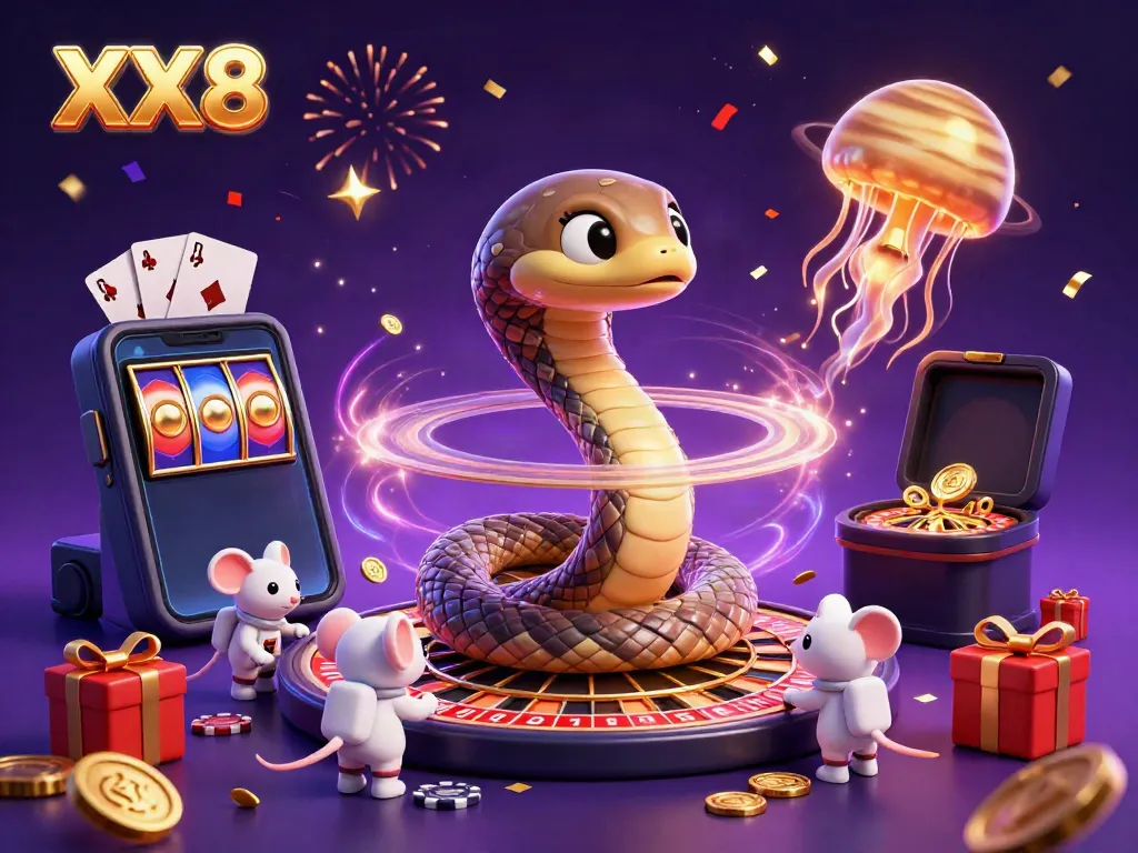 Experience cosmic gaming thrills with XX8 as cartoon astronauts bet on a roulette wheel in space.