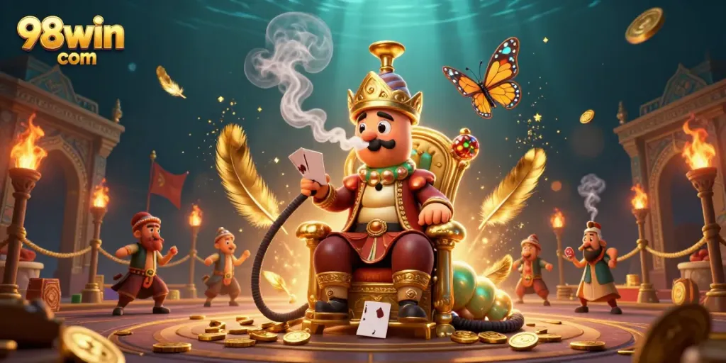 Experience the excitement of 98win com as a magical caterpillar masters the art of poker in this vibrant 3D illustration.
