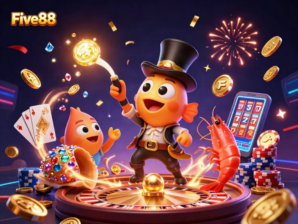 Experience Five88's vibrant gaming scene with dynamic casino elements and characters.