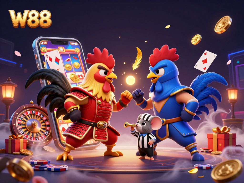 W88 showcases a dramatic standoff between samurai and ninja roosters in a lively casino scene.