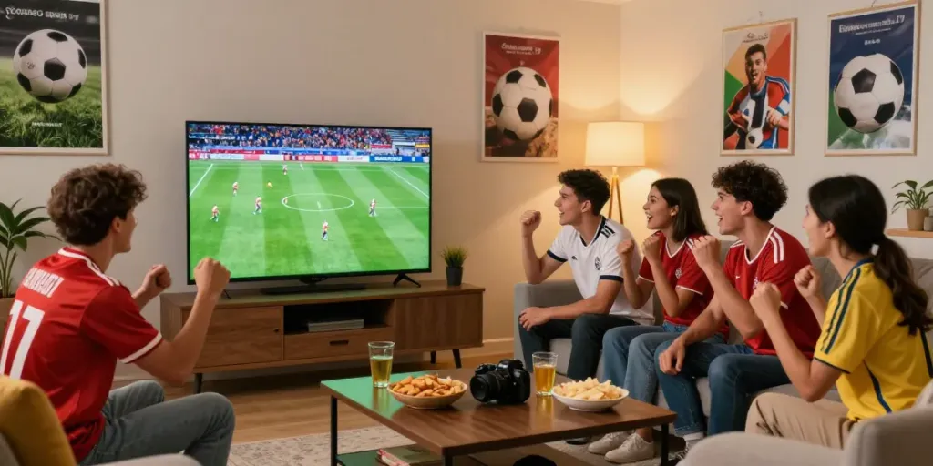 Excited friends enjoying a bóng đá gavangtv match in a cozy living room setting.
