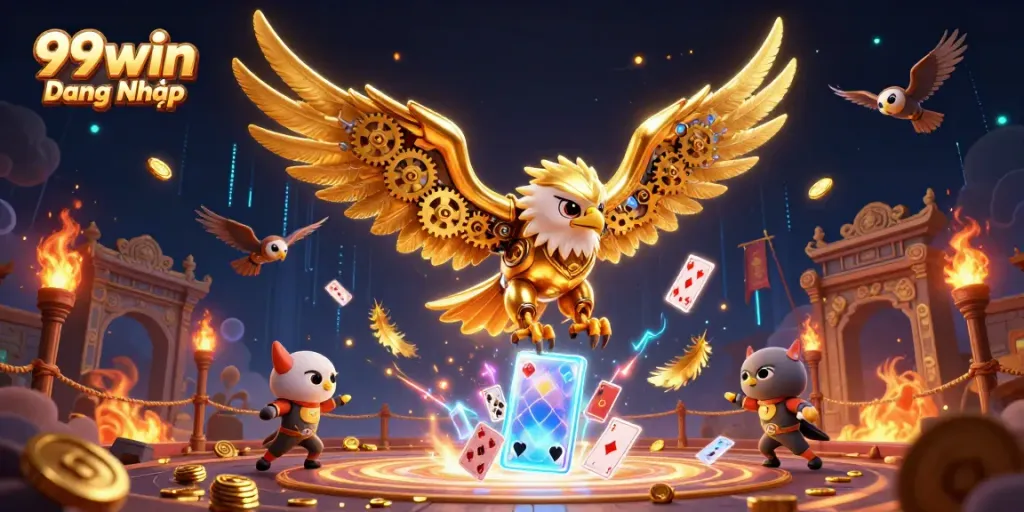 Experience thrilling gameplay with 99win Đăng Nhập as golden eagle dives through holographic playing cards in a vibrant casino-themed scene.