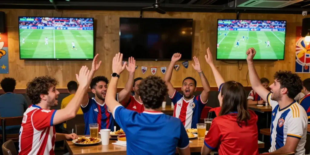 Soccer fans enjoying the game at ThapcamTV, showing excitement and camaraderie.