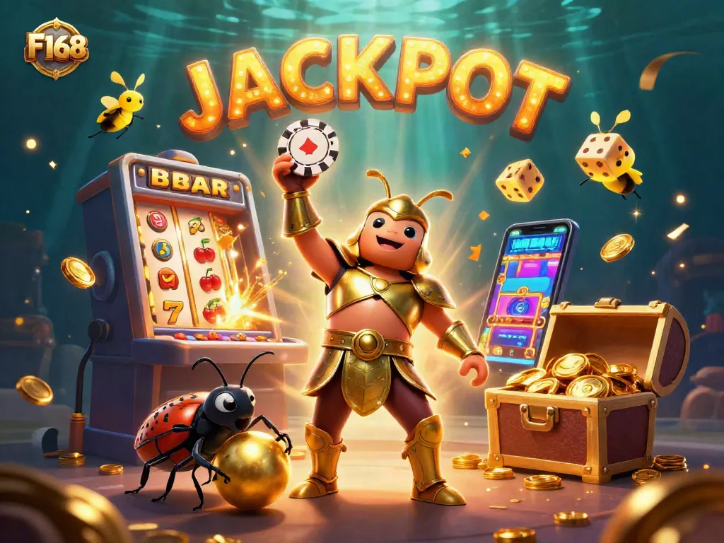 Spin the F168 jackpot with the Hercules beetle hero capturing victory in a lively casino scene.