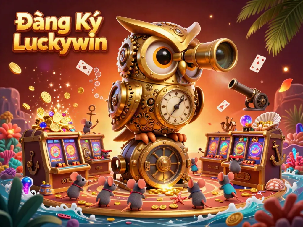 Engage in gaming excitement with Đăng Ký Luckywin, featuring a dynamic casino scene full of colorful characters and gold treasures.