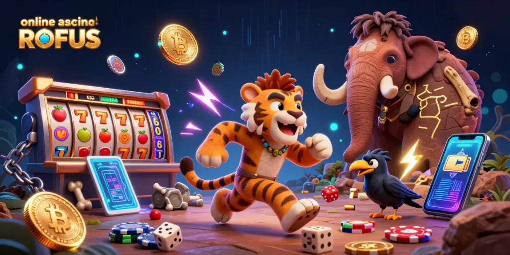 Engage in vibrant gameplay at an online casino uden ROFUS featuring prehistoric characters and neon crypto elements.