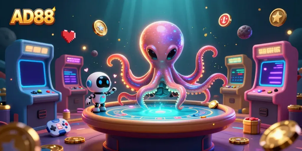 Engage in thrilling gameplay at AD88's casino through dynamic 3D illustration featuring vibrant robots and poker scenes.