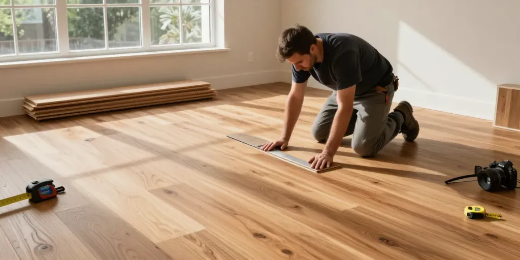 Expert carpenter laying hardwood floors in a renovated Bergen home, showcasing craftsmanship.