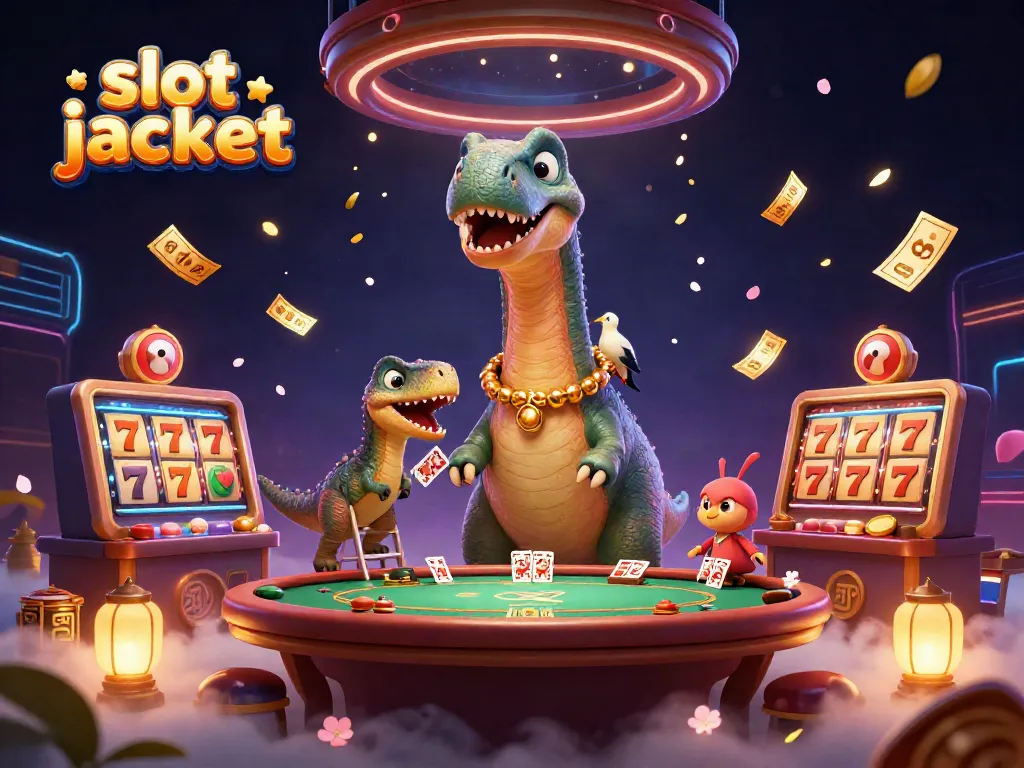 Experience vibrant slot jackpot excitement with a cartoon brontosaurus and a clever raptor in a dynamic casino scene.