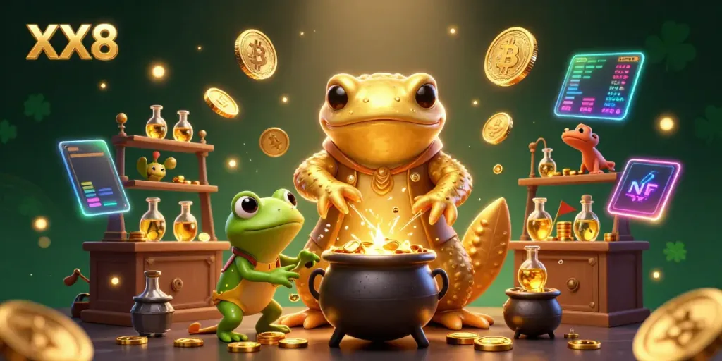 Experience the dynamic excitement of XX8 as cartoon characters conjure wealth in a vibrant casino-themed digital scene.