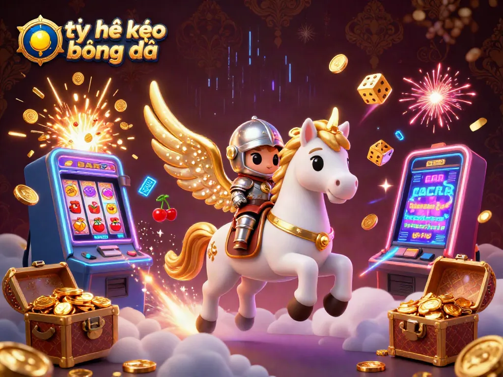 Engage with tỷ lệ kèo bóng đá as a celestial horse and knight explore a vibrant casino scene with jackpots.