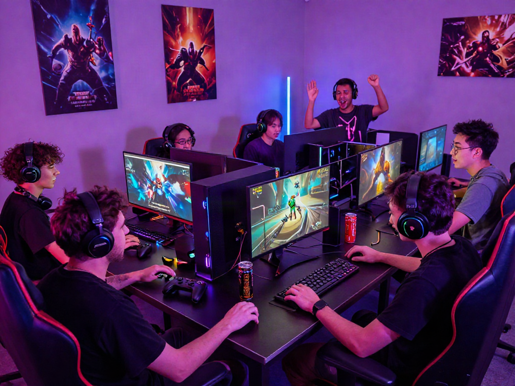Gamers immersed in a multiplayer porn game environment, showcasing unique gaming setups and vibrant atmosphere.