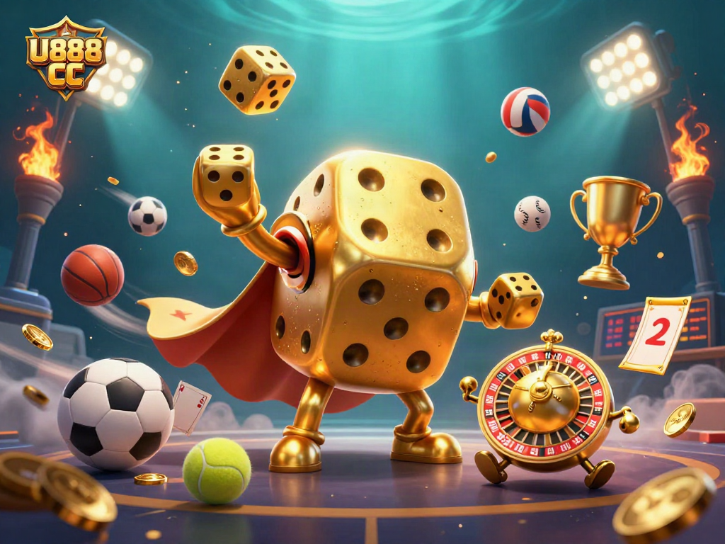 Engage in the exciting world of U888 CC with golden dice, sports elements, and vibrant casino imagery.