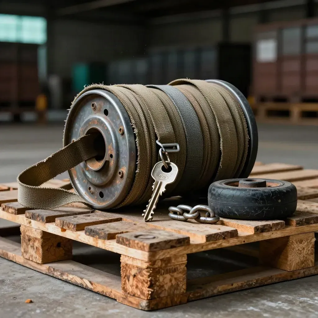 Frayed ratchet strap, trailer key, wheel chock, and chain link on industrial concrete.