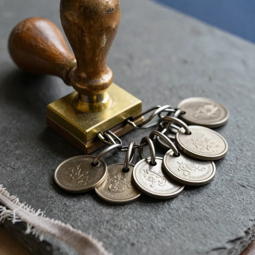 Brass stamp, carrier rings and metal tokens on dark concrete with a blurred strap edge.