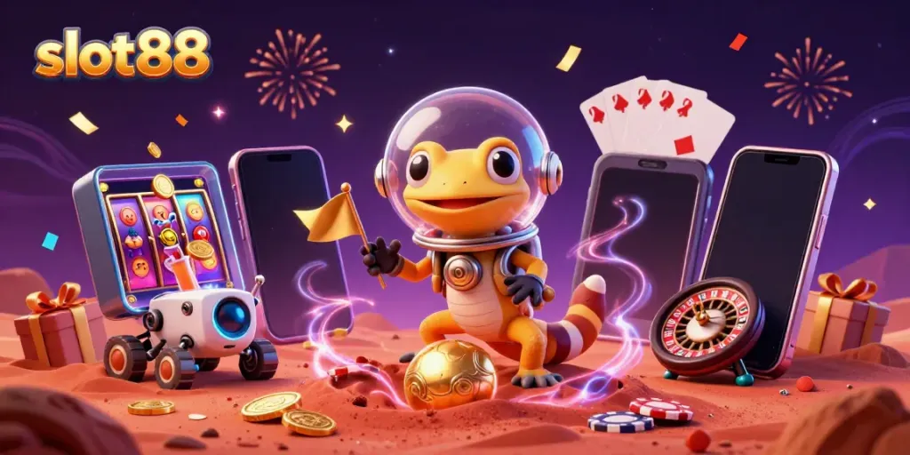 Play slot88 offering explosive jackpots with a Martian gecko and a robot rover celebrating in a vibrant casino.