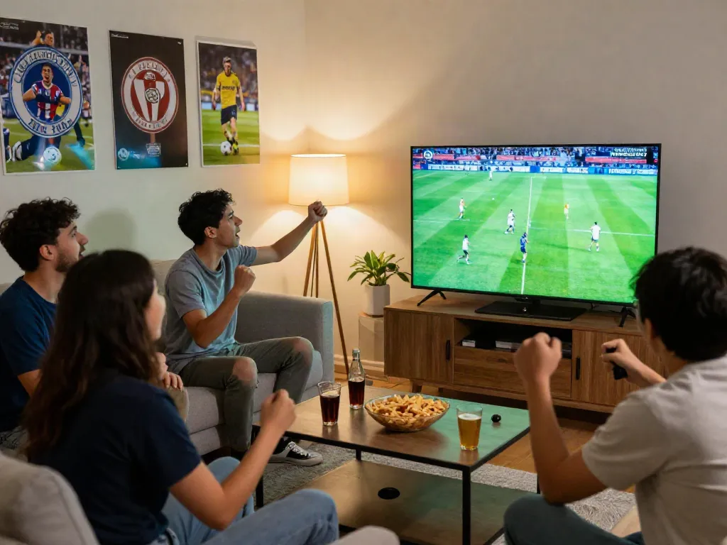 Fans enjoying a live match on trang bóng thapcamtv in a cozy living room setting.