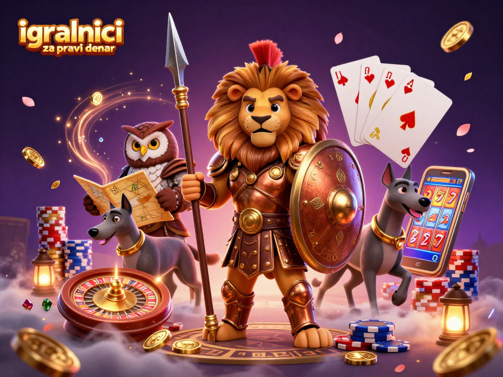 Vznemirajoča scena z igrami v igralnicah za pravi denar, kjer v središču stoji Spartan lion.