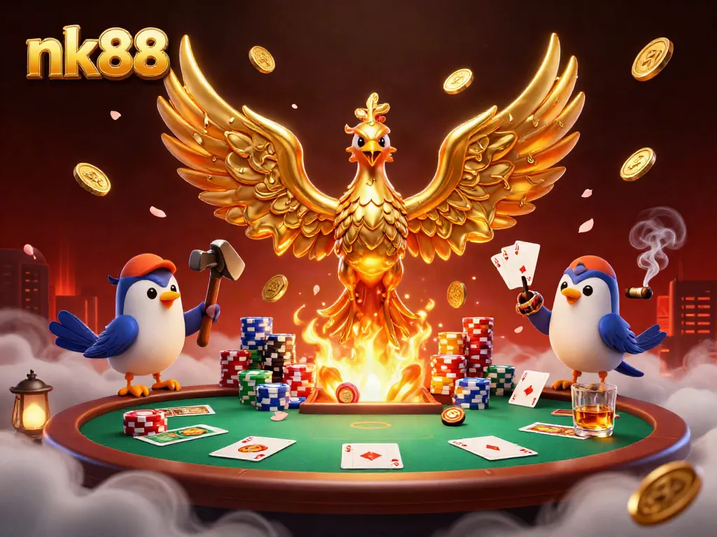 Experience the thrill of nk88 with a molten gold phoenix emerging in a dynamic casino scene.