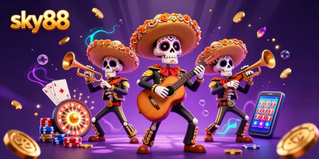 Engage with Sky88's vibrant casino experience featuring mariachis, games, and golden rewards.