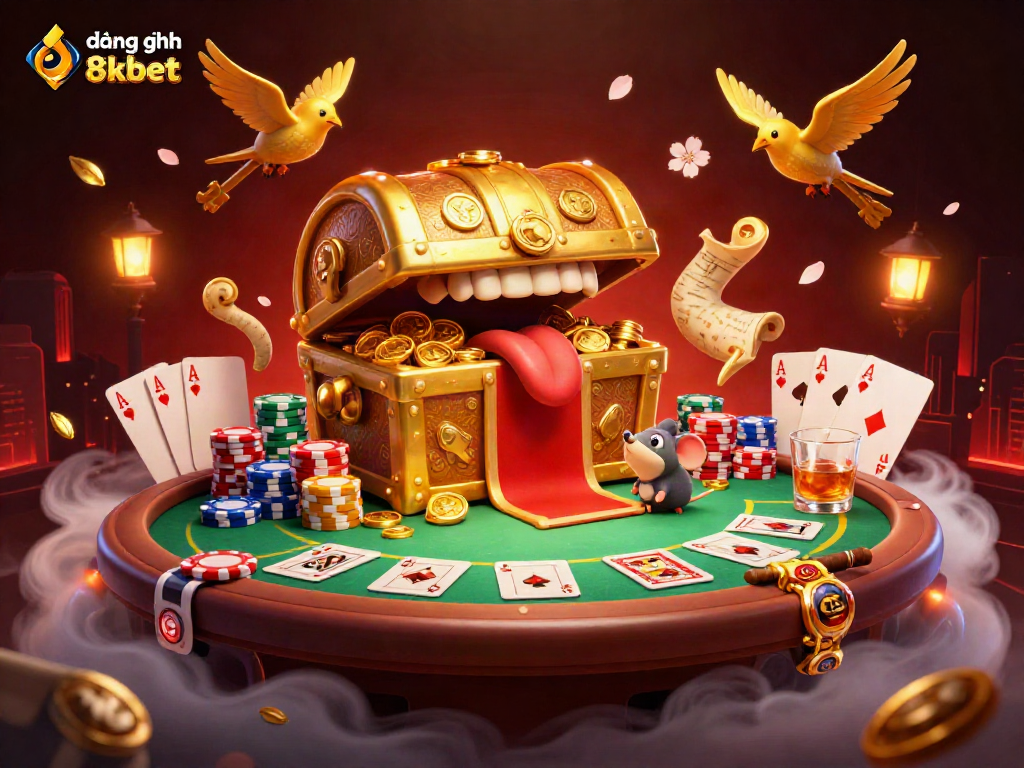 Engage with đăng nhập 8xbet through a vibrant 3D cartoon scene filled with poker elements and treasure.
