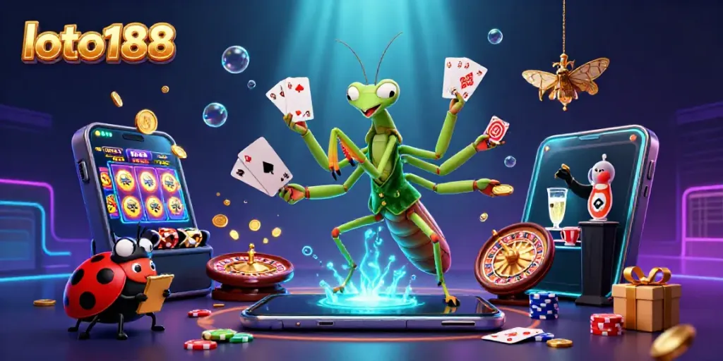 Engage in exciting gaming with loto188's lively casino scene featuring a giant card sharp and ladybug pit boss.