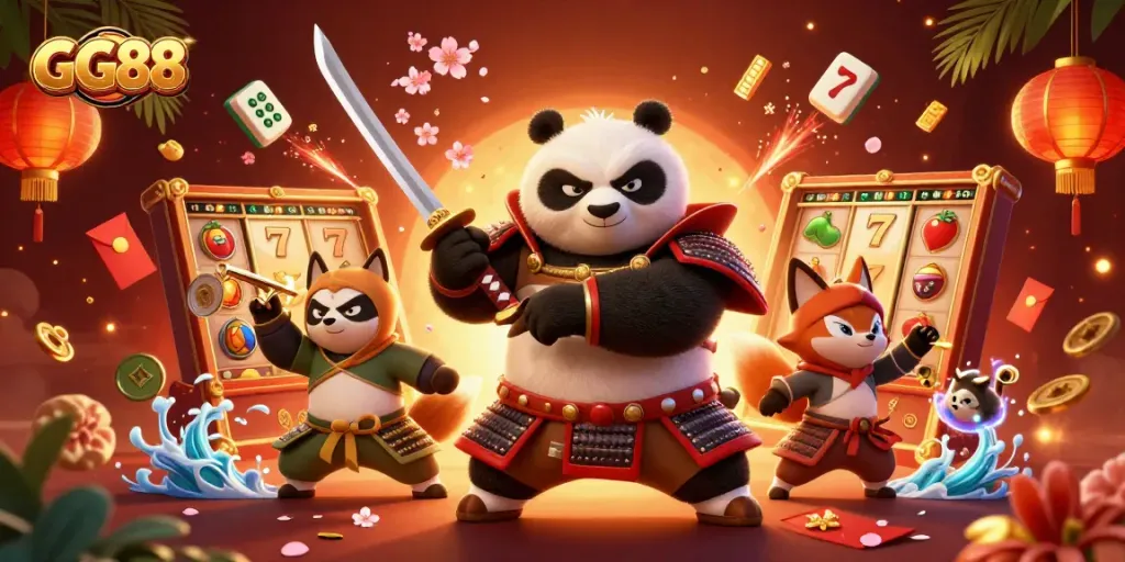 Experience GG88 in a rich 3D casino scene filled with slot reels, vibrant characters, and exhilarating game elements.